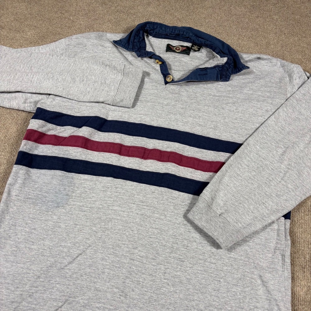 American Outpost Mens Large Rugby Shirt Gray Striped Long Sleeve Cotton 0864